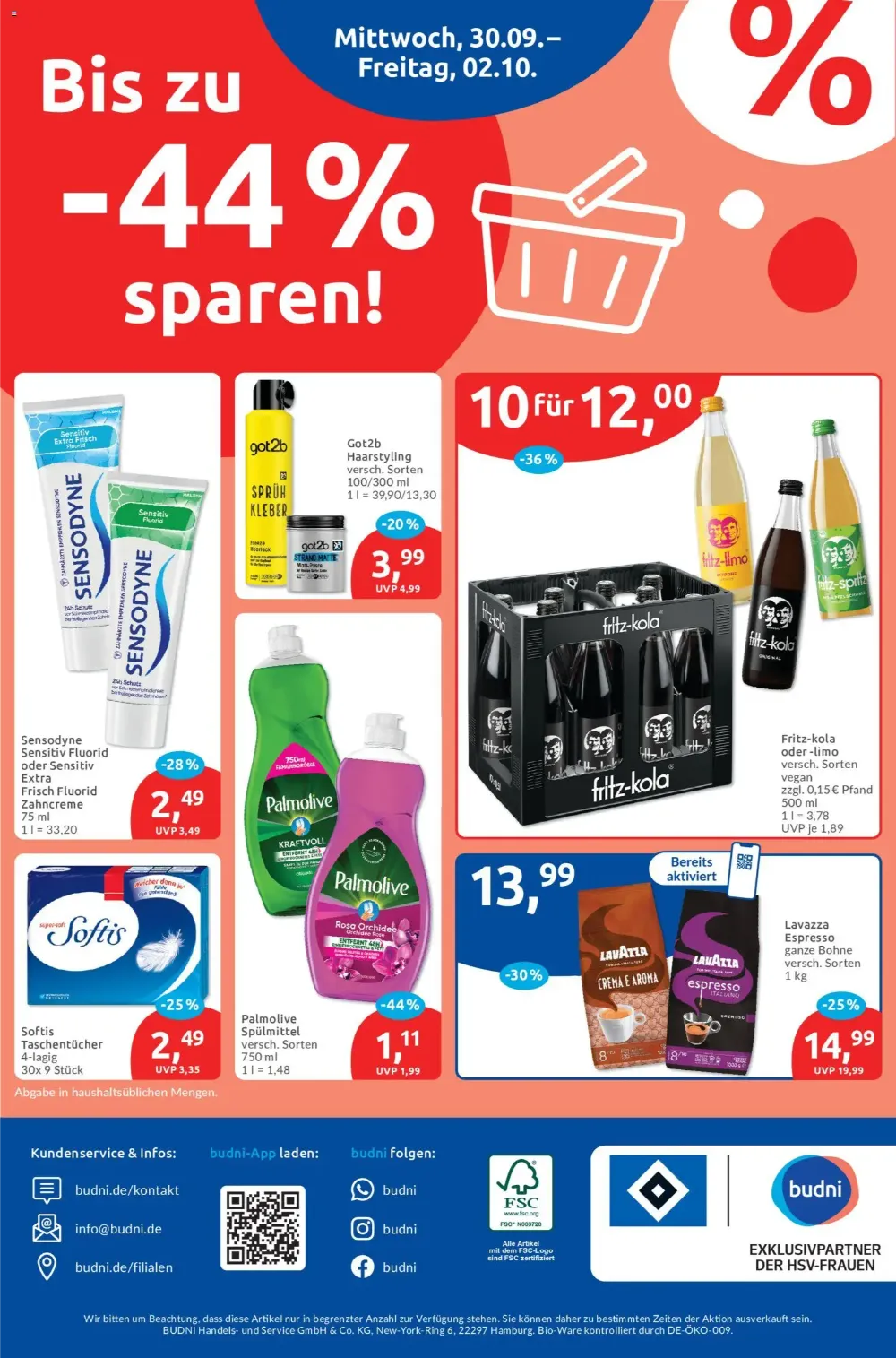 Budni Prospekt KW 40 Seite 8 mit Sensodyne, Got2b, Fritz-Kola, Palmolive Spülmittel, Softis und Lavazza Kaffee.