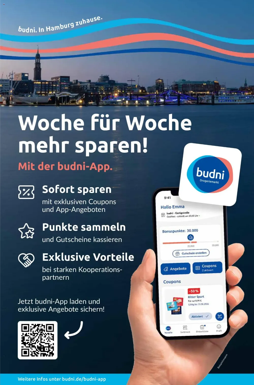 Budni Prospekt KW 40 Seite 9 mit Informationen zur Budni-App, exklusiven Coupons und Vorteilen.