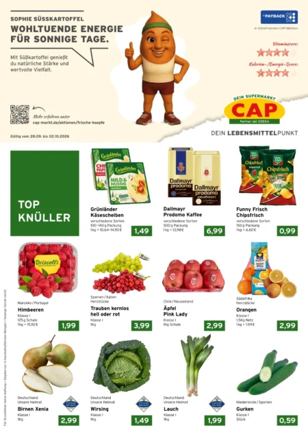 Cap Markt Prospekt ab 28.09.2026 (KW 40) CAP Markt Prospekt ab 28.09.2026 Seite 1 mit Grünländer Käse, Dallmayr Kaffee, Funny Frisch Chips, Himbeeren und Äpfeln.