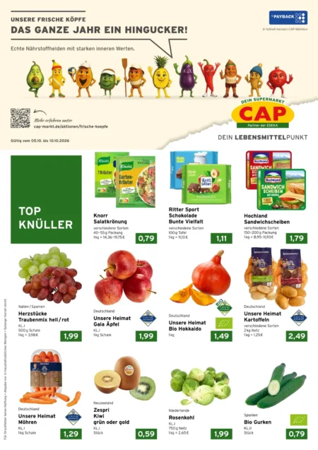 CAP Markt Prospekt ab 05.10.2026 (KW 41) CAP Markt Angebote ab 05.10.2026 Seite 1 mit Angeboten für Knorr Salatkrönung, Ritter Sport, Gala Äpfel & Möhren