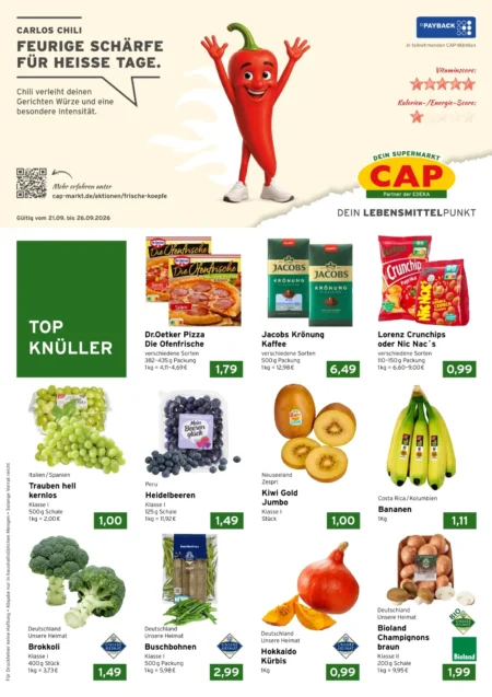 CAP Markt Angebote im Prospekt ab 21.09.2026 (KW 39) CAP-Markt Angebote ab 21.09.2026 Seite 1 mit Angeboten für Dr. Oetker Pizza, Jacobs Kaffee, Trauben und Brokkoli