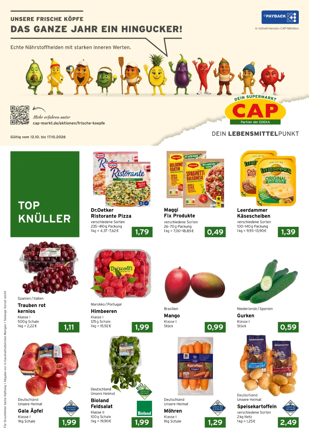 CAP Markt Prospekt ab 12.10.2026 Seite 1 mit Dr. Oetker Pizza, Leerdammer, Trauben, Himbeeren, Gurken & Möhren