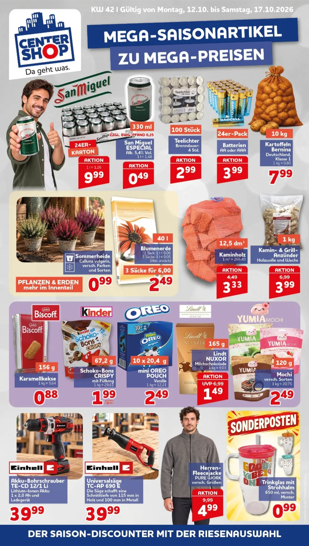 Centershop Prospekt ab 12.10.2026 Seite 1 mit San Miguel, Teelichter, Batterien, Kartoffeln, Biscoff, Mini Oreo & Einhell