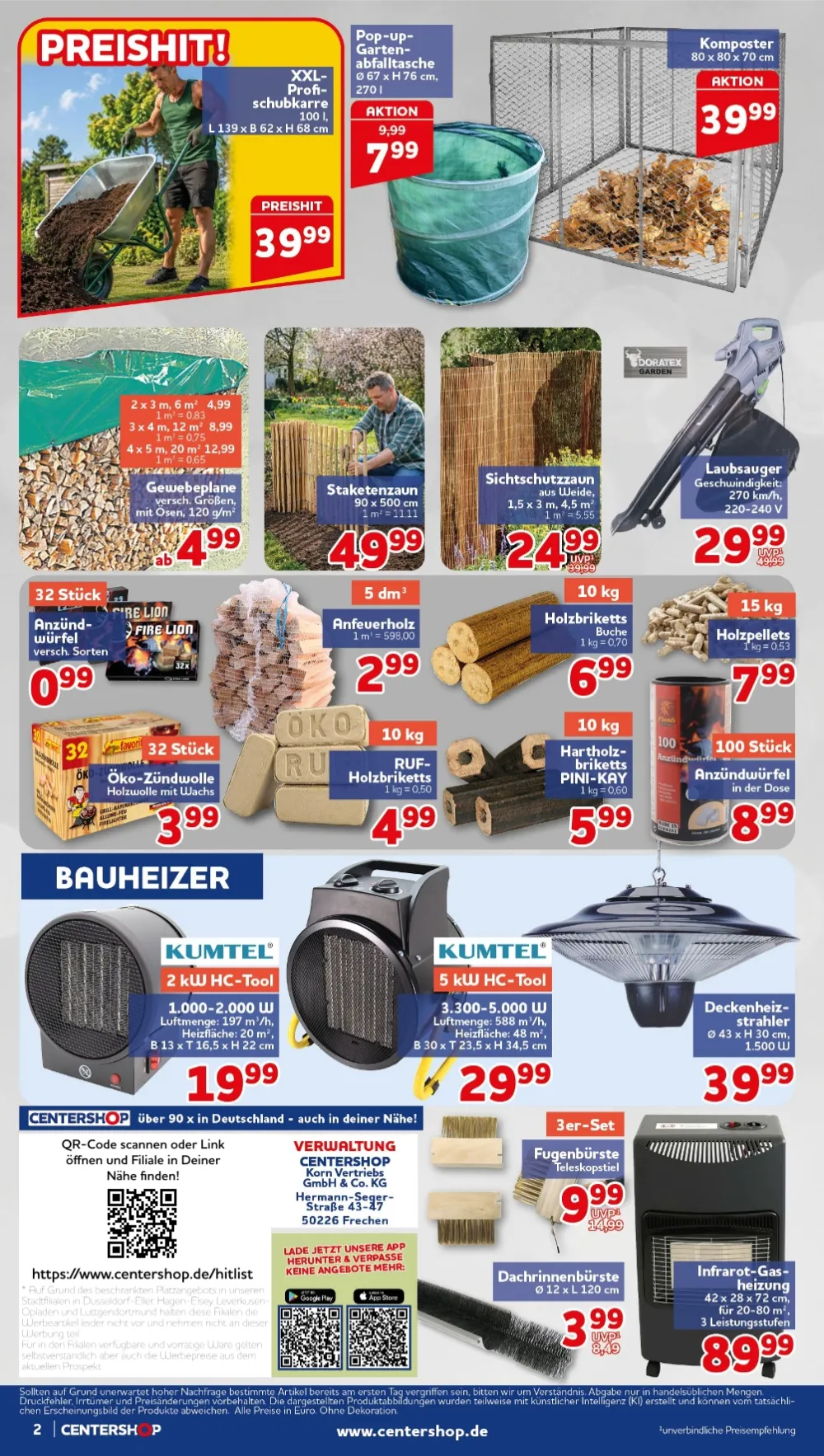 Centershop Prospekt KW 42 Seite 2 mit XXL-Profischubkarre, Komposter, Laubsauger, Holzbriketts & Kumtel Bauheizer