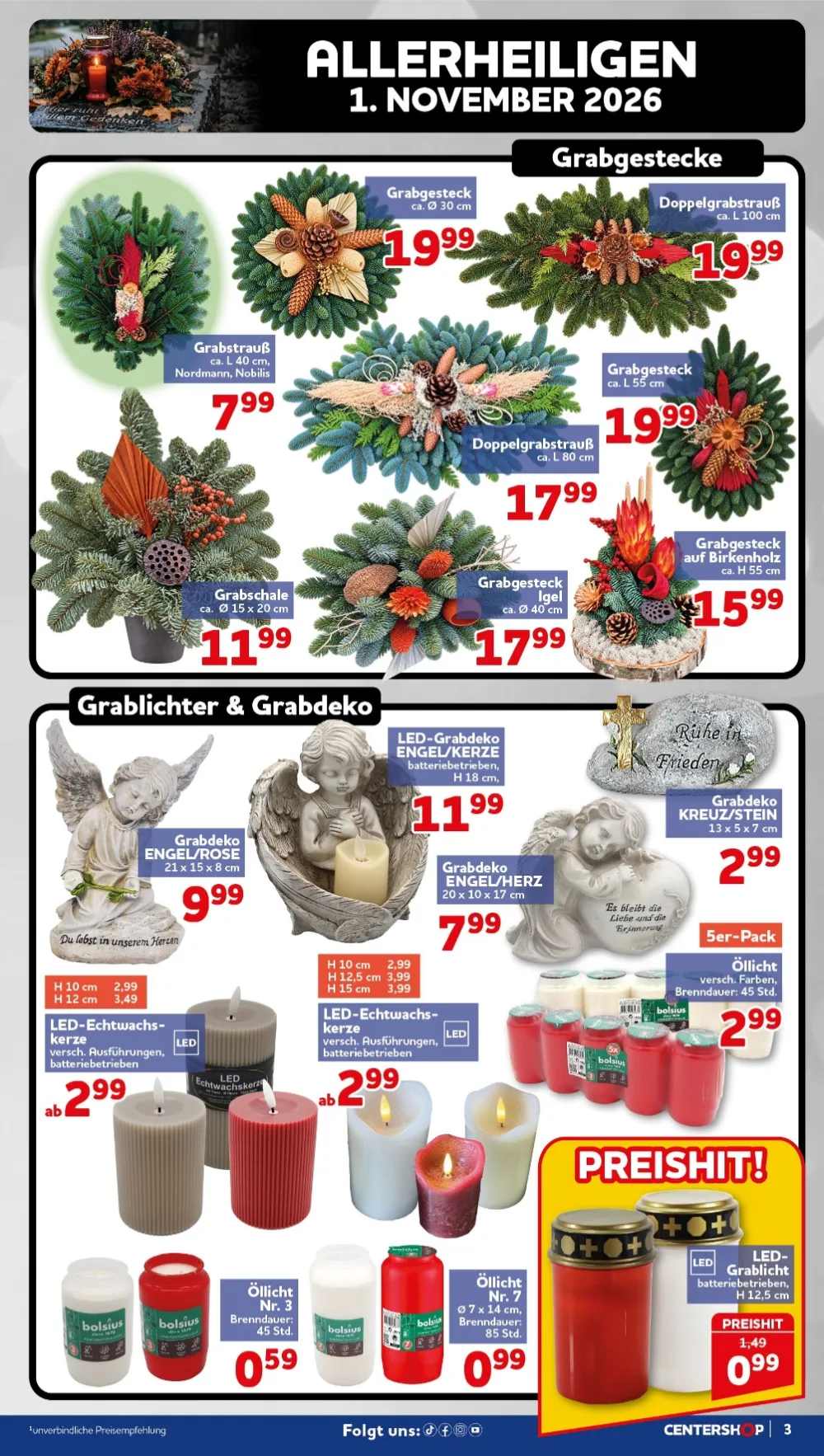 Centershop Prospekt KW 42 Seite 3 mit Grabgestecke, Doppelgrabstrauß, Grabschale, LED-Echtwachskerze & Öllicht