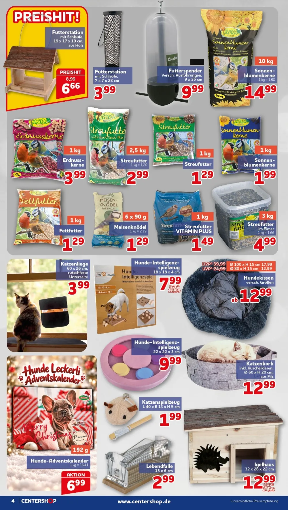 Centershop Prospekt KW 42 Seite 4 mit Futterstation, Sonnenblumenkerne, Erdnusskerne, Katzenliege & Igelhaus