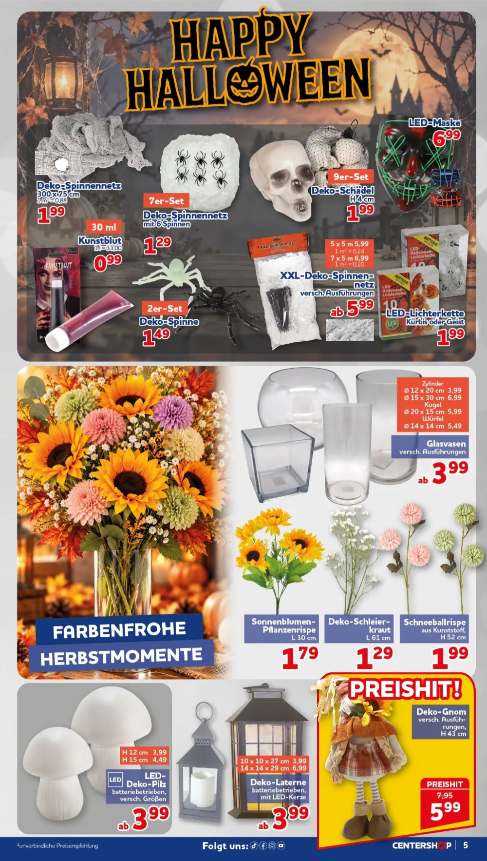 Centershop Prospekt KW 42 Seite 5 mit Deko-Spinnennetz, Kunstblut, Deko-Schädel, LED-Maske & Deko-Gnom