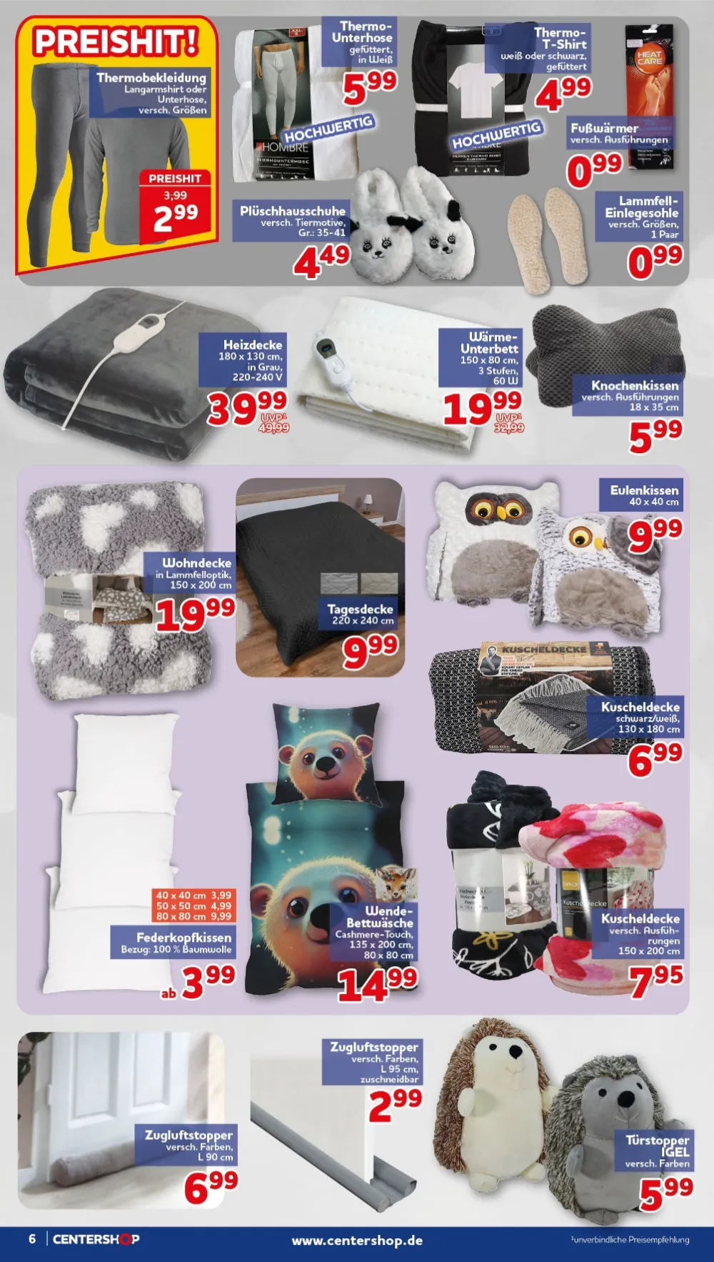 Centershop Prospekt KW 42 Seite 6 mit Thermobekleidung, Heizdecke, Kuscheldecke, Wendebettwäsche & Türstopper Igel
