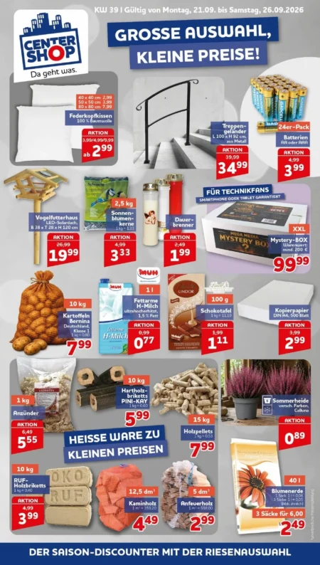 Centershop Prospekt ab 21.09.2026 (KW 39) Centershop Prospekt ab 21.09.2026 Seite 1 mit Federkopfkissen, Treppengeländer, Kopierpapier und Kaminholz
