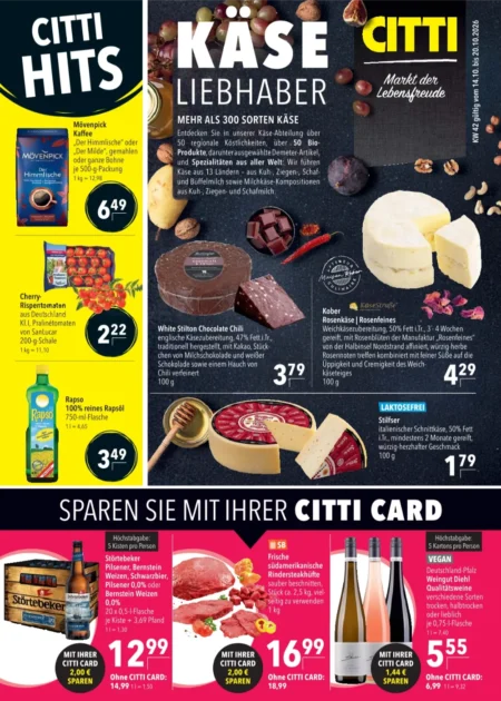 CITTI Markt Prospekt ab 12.10.2026 (KW 42) Citti Markt Prospekt ab 14.10.2026 Seite 1 mit Mövenpick Kaffee, Cherry-Rispentomaten, Rapso & Störtebeker Pilsener