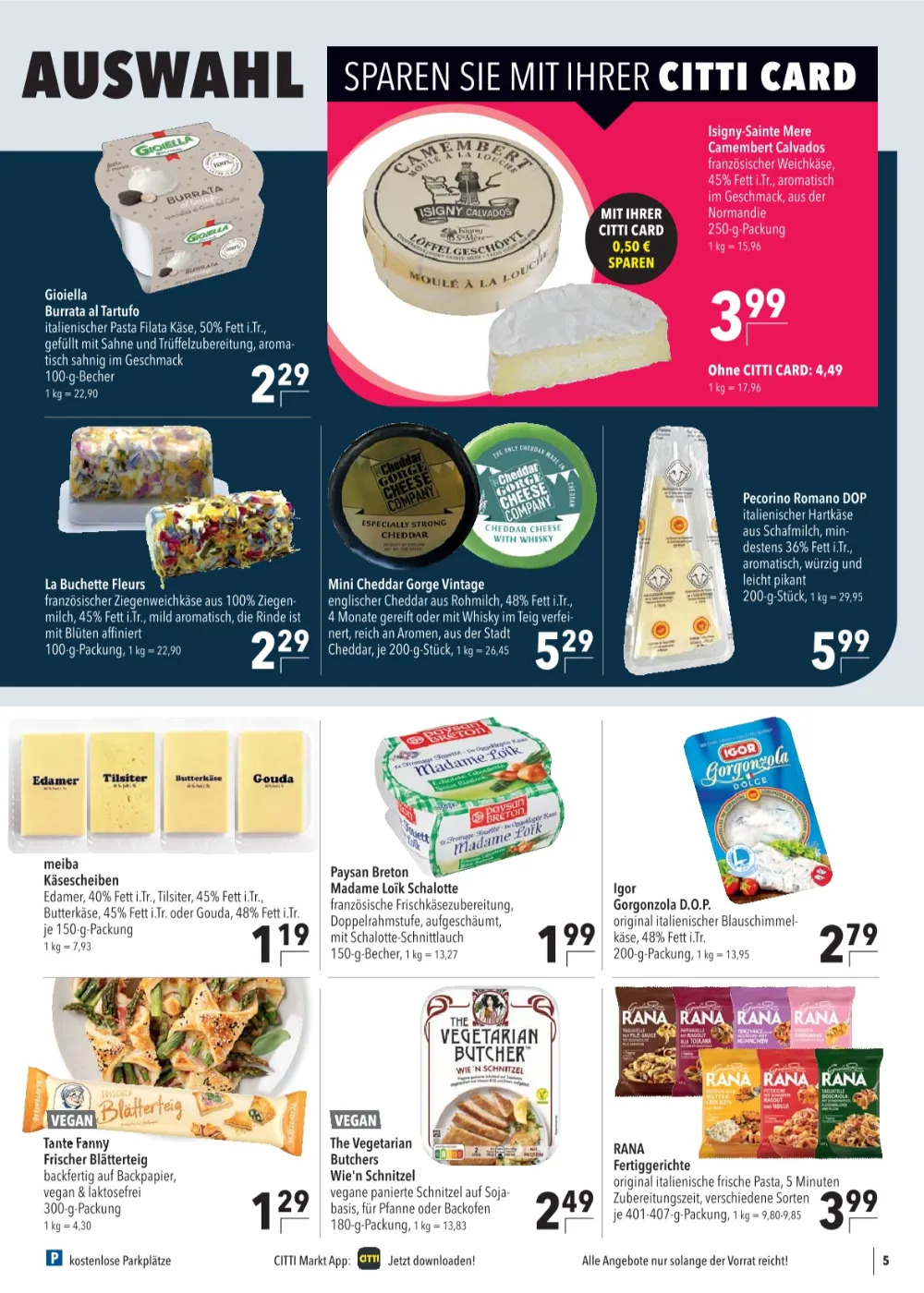 Citti Markt Prospekt KW 42 Seite 5 mit Isigny-Sainte Mere Camembert, Gioiella Burrata, La Buchette & meiba Käsescheiben