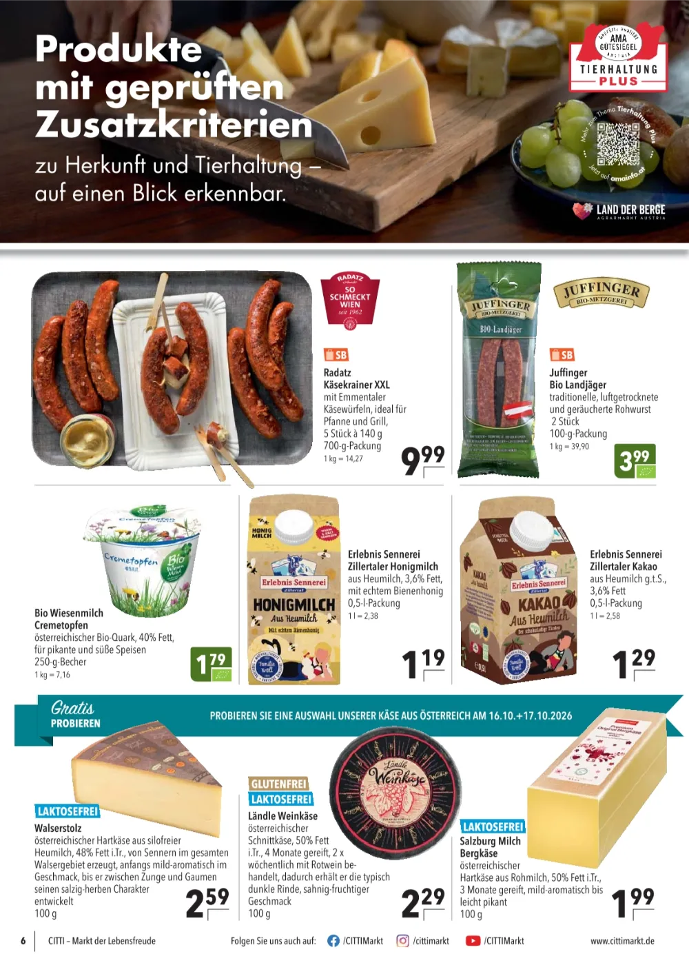 Citti Markt Prospekt KW 42 Seite 6 mit Radatz Käsekrainer XXL, Juffinger Bio Landjäger & Walserstolz