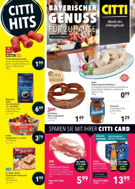 CITTI Markt Prospekt ab 16.09.2026 (KW 38) CITTI Markt Prospekt ab 16.09.2026 Seite 1 mit Beefsteakrouladen, Mövenpick Kaffee, Haribo und Dr. Oetker Flammkuchen