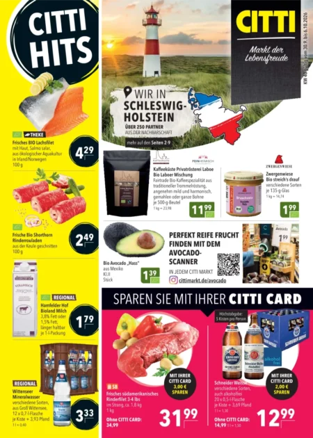 CITTI Markt Prospekt ab 30.09.2026 (KW 40) CITTI Markt Prospekt ab 30.09.2026 Seite 1 mit Bio Lachsfilet, Bio Rinderrouladen, Wittenseer und Schneider Weisse.