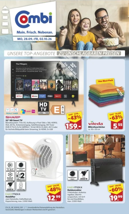 Combi Angebote ab 07.09.2026 (KW 40) (Nonfood) Combi Angebote ab 28.09.2026 Seite 1 mit Angeboten für Smart TV, Mikrofasertücher, Heizlüfter und Konvektor.