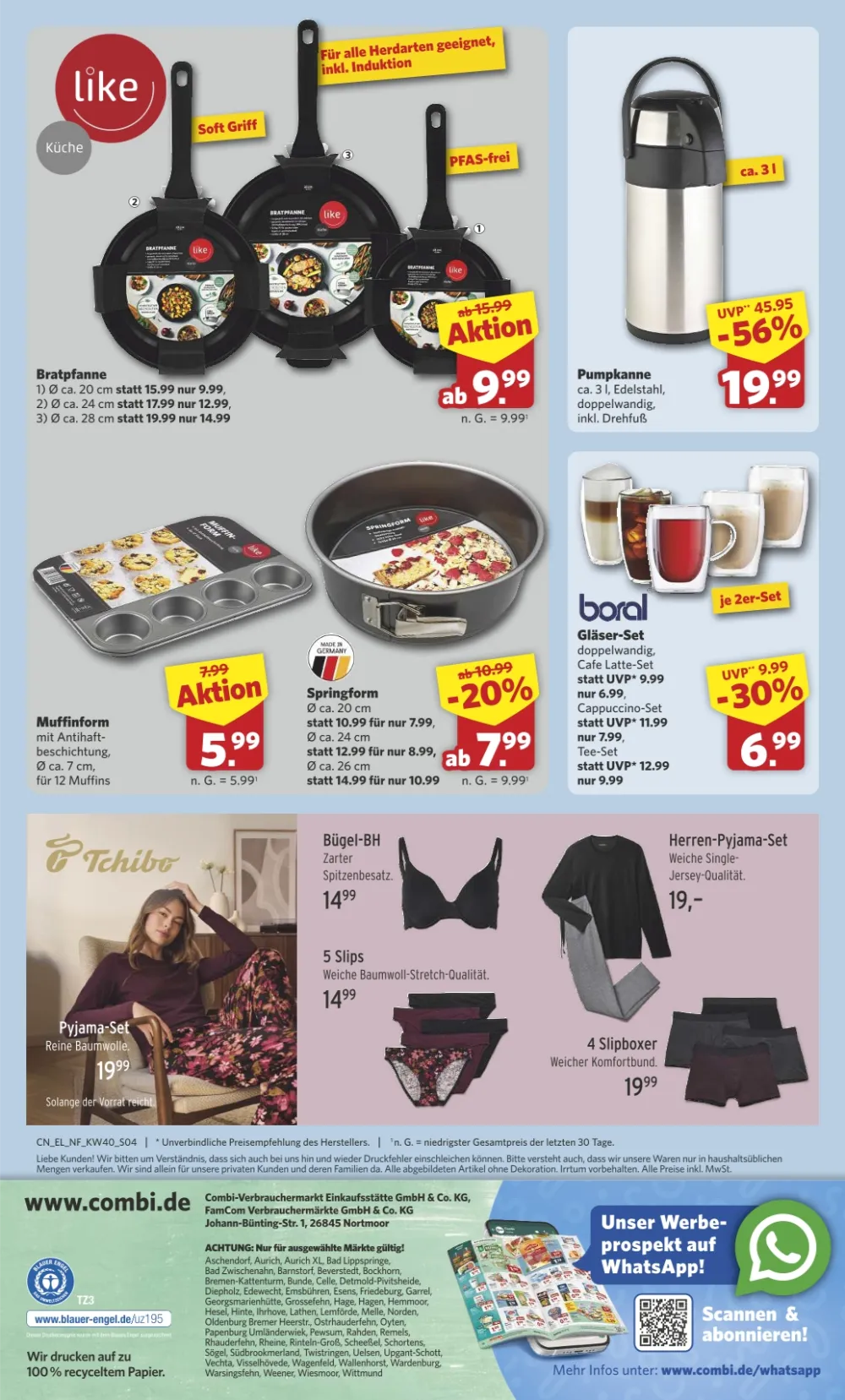 Combi Angebote KW40 Seite 4 mit Angeboten für Bratpfannen, Pumpkannen, Backformen, Gläser und Pyjamas.