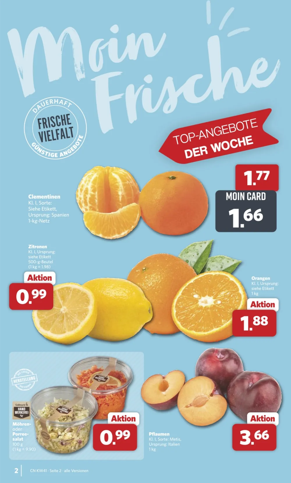 Combi Prospekt KW 41 Seite 2 mit Clementinen, Zitronen, Orangen, Pflaumen und Feinkostsalaten