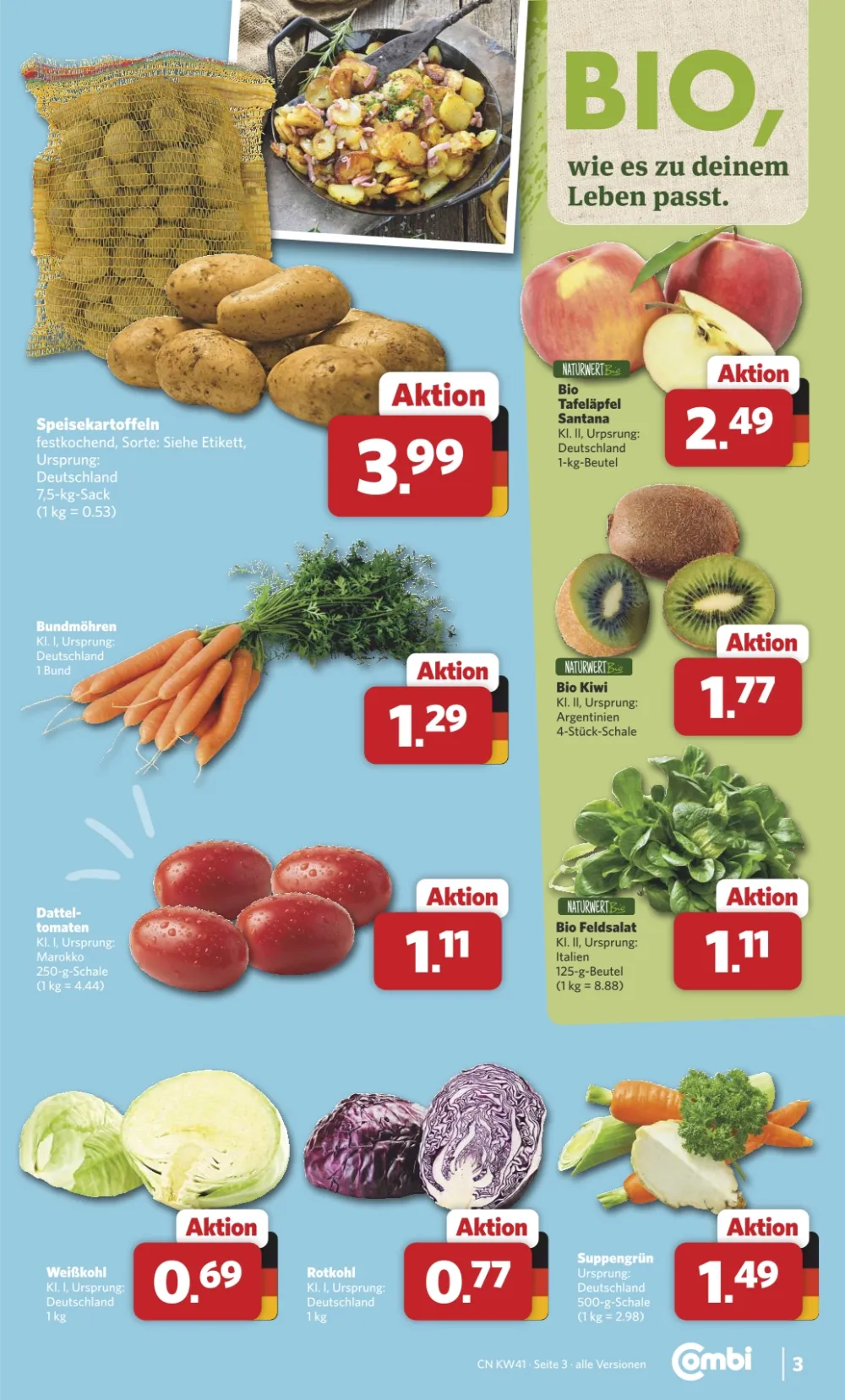 Combi Prospekt KW 41 Seite 3 mit Kartoffeln, Bundmöhren, Datteltomaten, Bio-Äpfeln und Kiwis