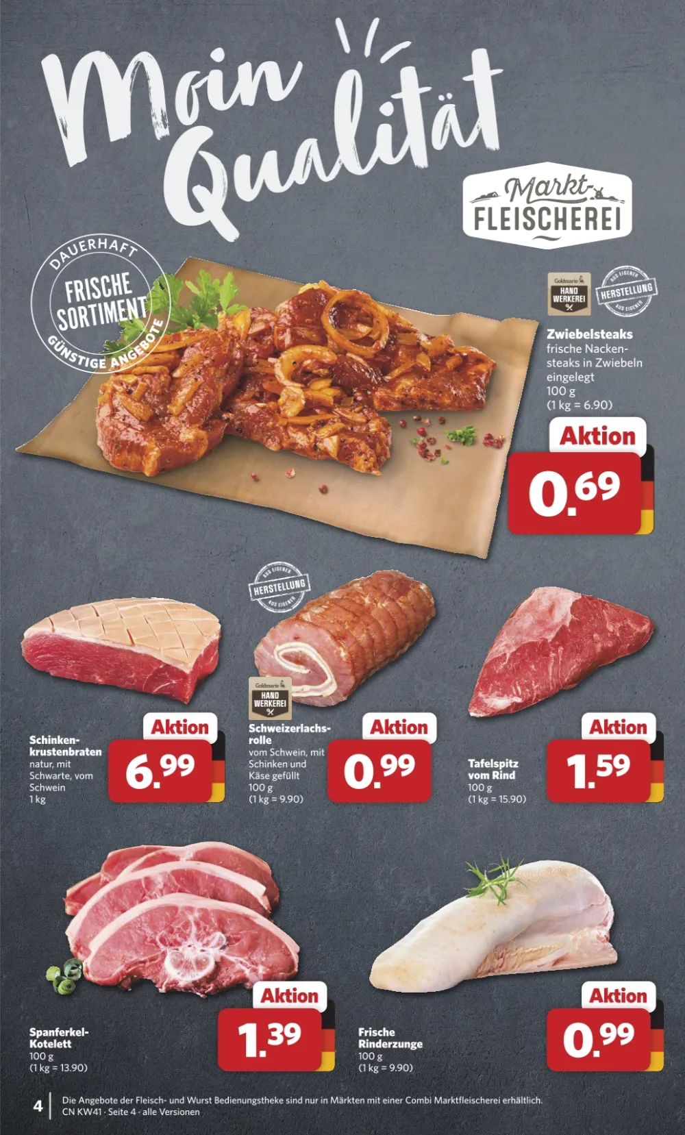 Combi Prospekt KW 41 Seite 4 mit Zwiebelsteaks, Krustenbraten, Schweizerlachsrolle und Tafelspitz