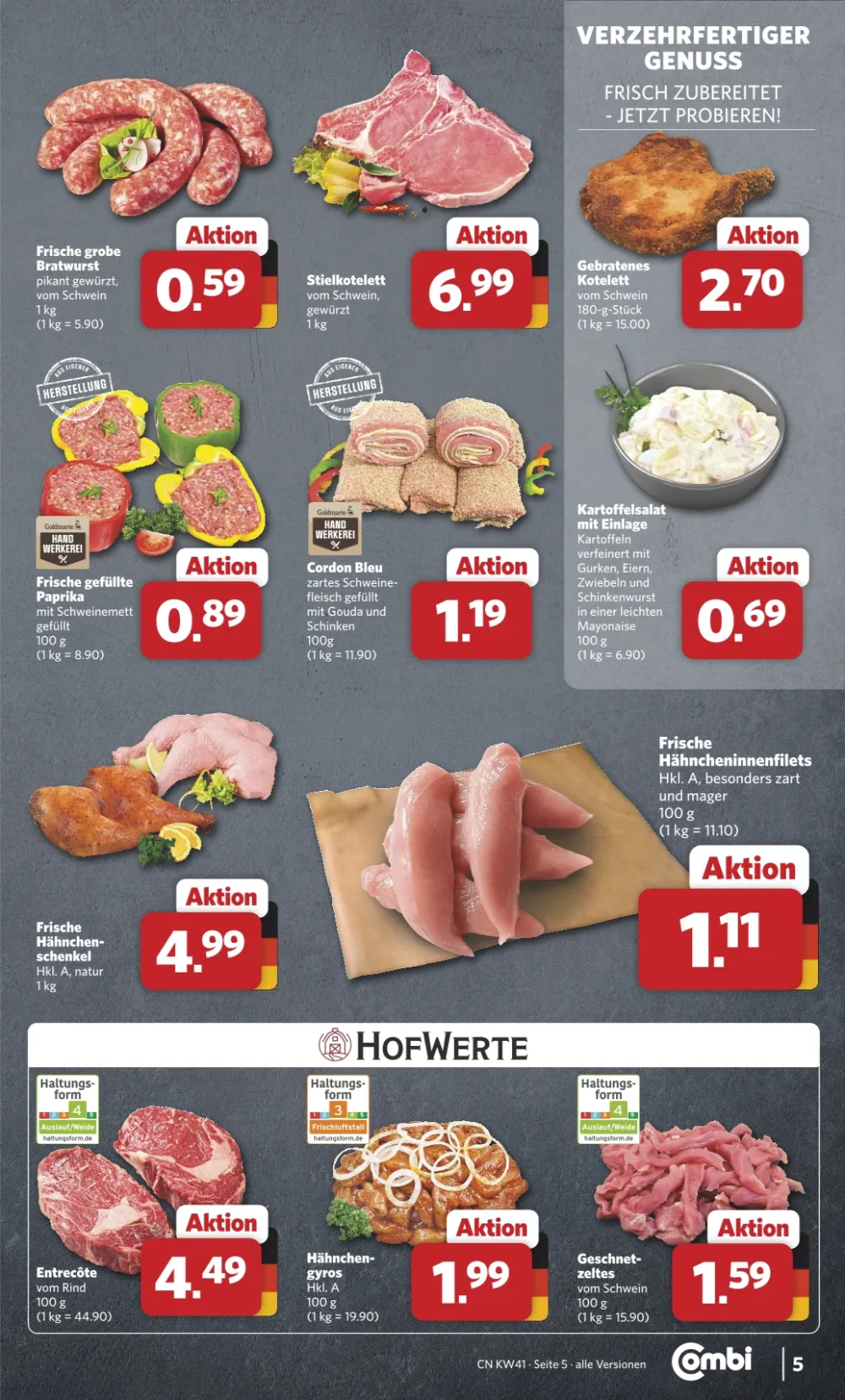 Combi Prospekt KW 41 Seite 5 mit Bratwurst, gefüllter Paprika, Cordon Bleu und Hähncheninnenfilets