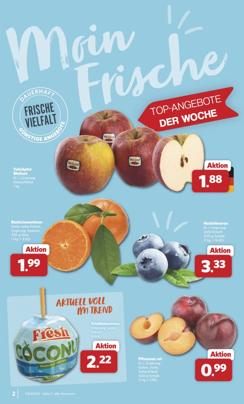 Combi Prospekt KW 42 Seite 2 mit Äpfeln Wellant, Blattclementinen, Heidelbeeren, Trinkkokosnuss & Pflaumen