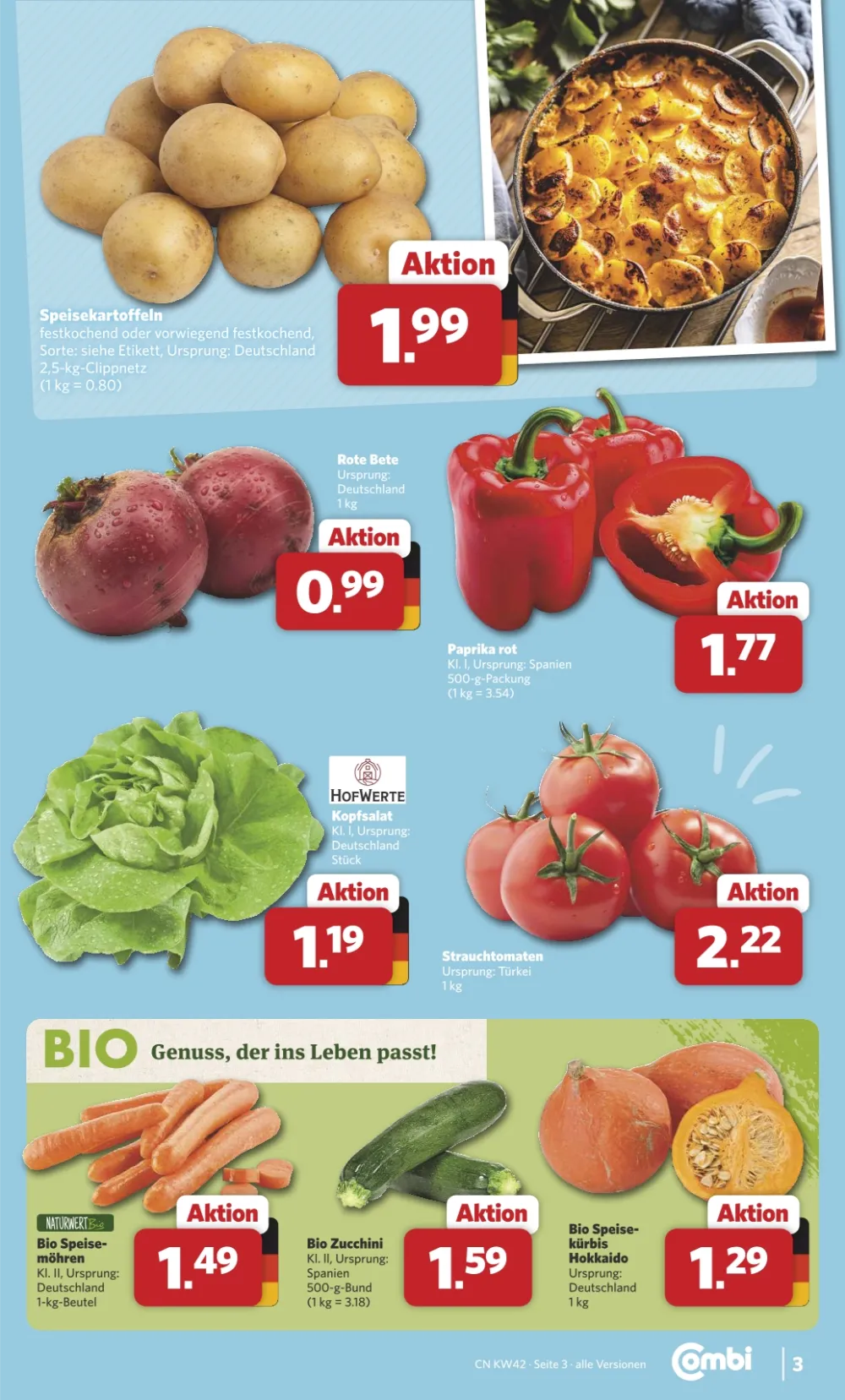 Combi Prospekt KW 42 Seite 3 mit Speisekartoffeln, Rote Bete, Paprika, Kopfsalat, Strauchtomaten & Bio-Möhren