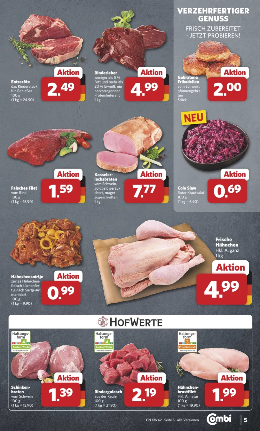 Combi Prospekt KW 42 Seite 5 mit Entrecôte, Rinderleber, Frikadellen, Falschem Filet, Kasseler-Lachsbraten & Hähnchen
