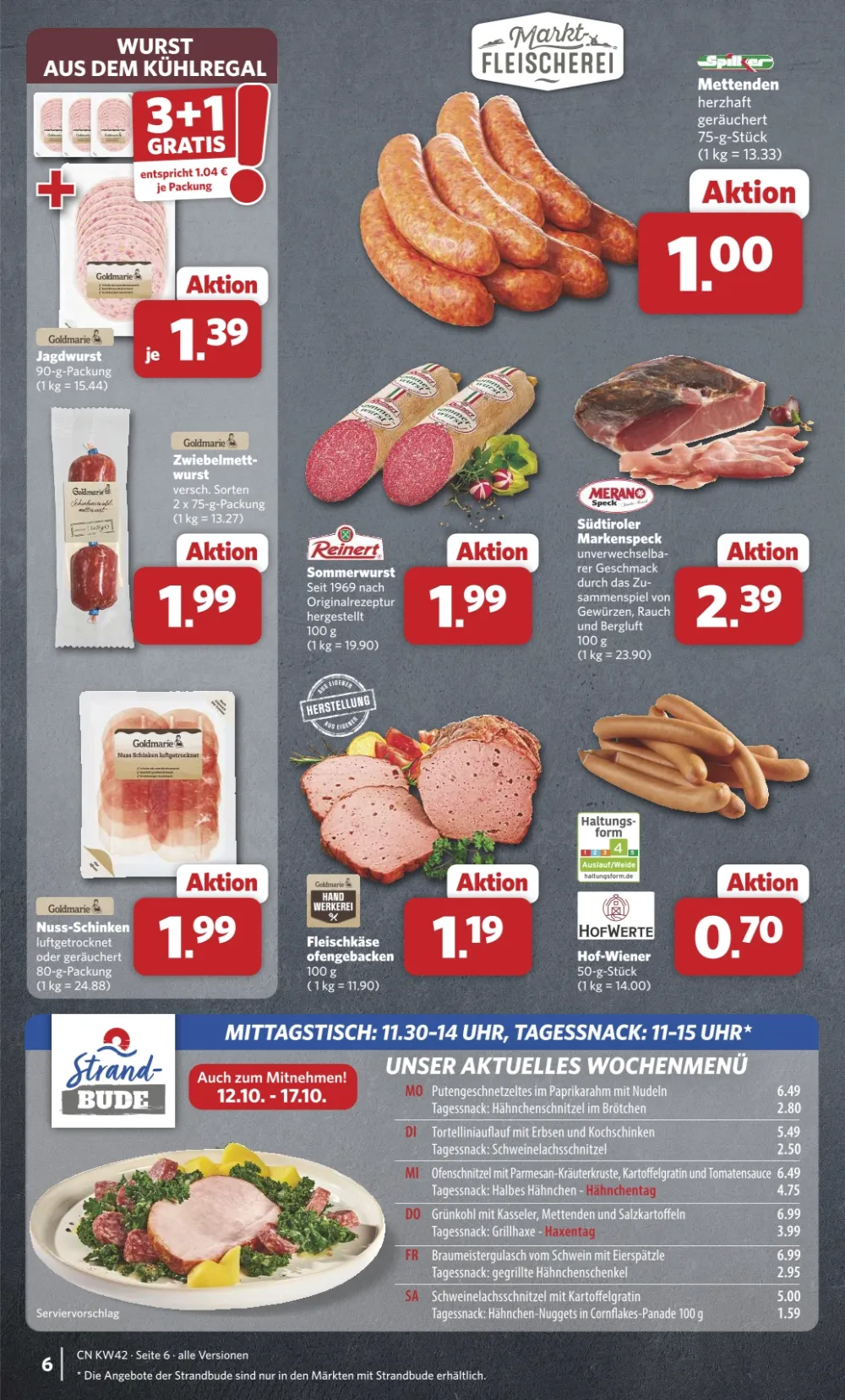 Combi Prospekt KW 42 Seite 6 mit Jagdwurst, Zwiebelmettwurst, Mettenden, Sommerwurst, Südtiroler Speck & Fleischkäse   