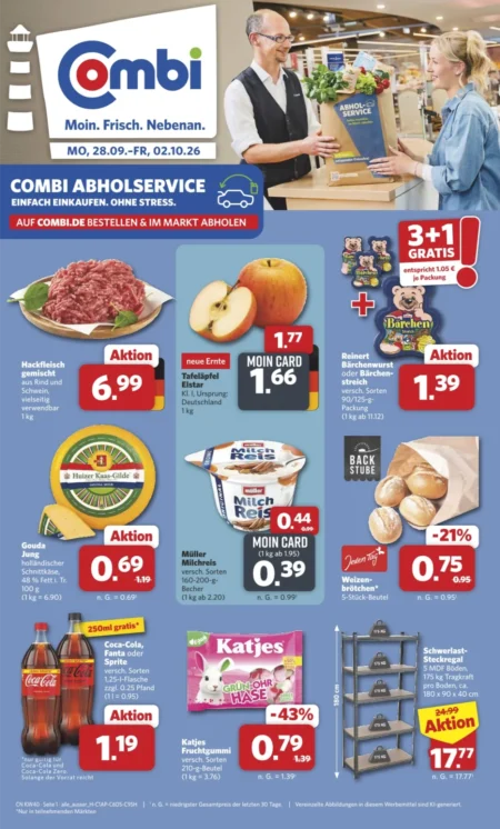 Combi Prospekt ab 28.09.2026 (KW 40) Combi Prospekt ab 28.09.2026 Seite 1 mit Hackfleisch, Äpfeln, Bärchenwurst, Gouda, Milchreis und Cola.