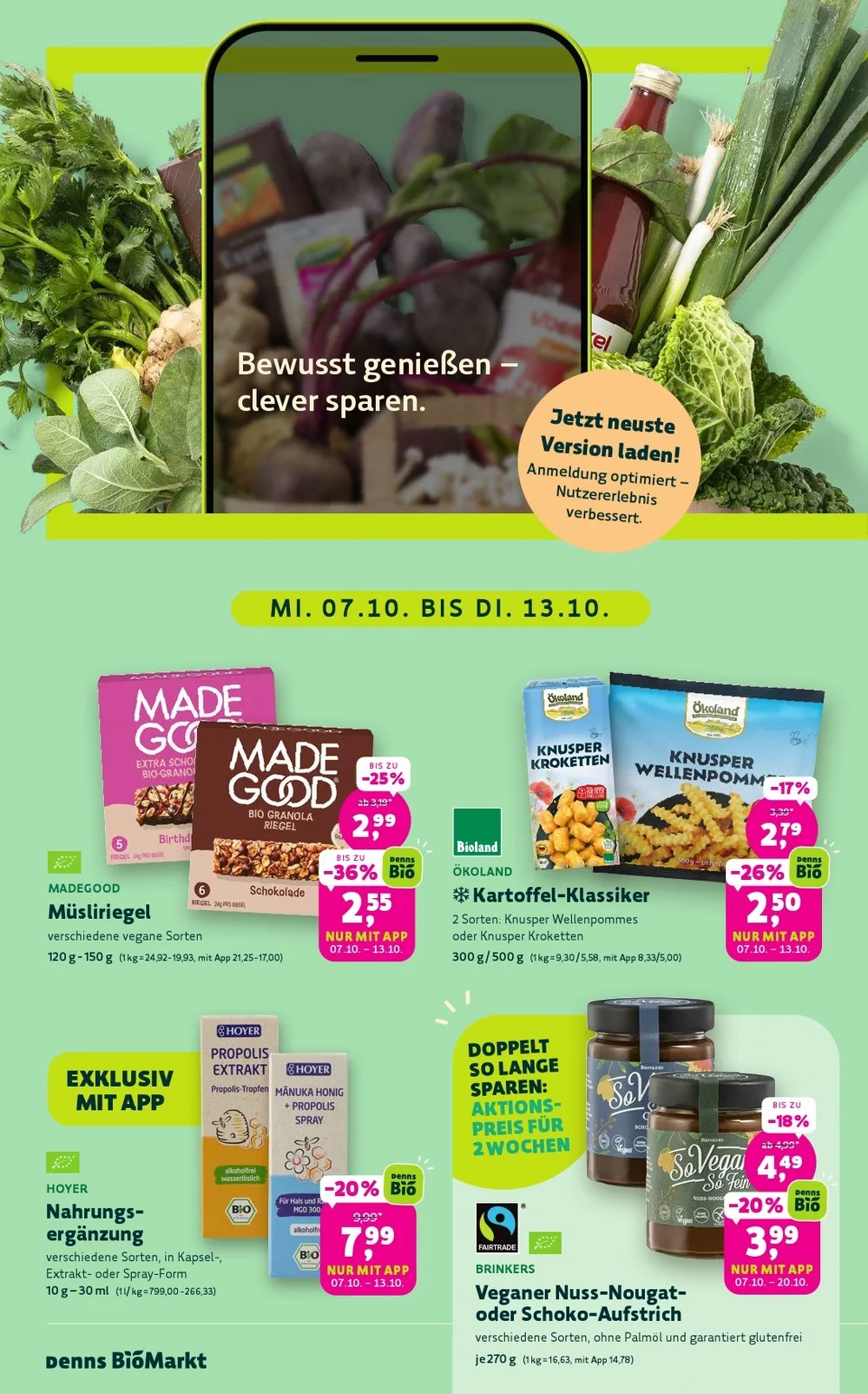 Denns Biomarkt Prospekt KW 41–42 Seite 2 mit Müsliriegel, Knusper Kroketten, Nahrungsergänzung & Nuss-Nougat-Creme