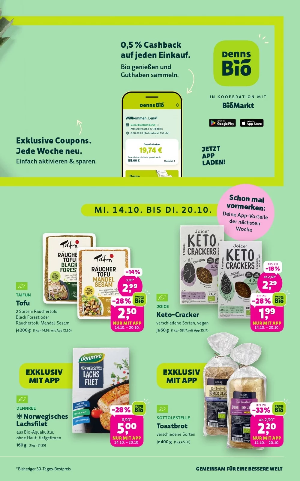 Denns Biomarkt Prospekt KW 41–42 Seite 3 mit Taifun Räuchertofu, Keto-Crackern, Lachsfilet & Sottolestelle Toastbrot