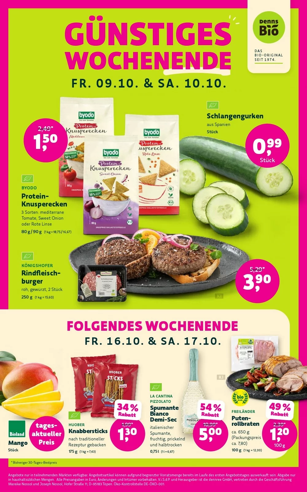 Denns Biomarkt Prospekt KW 41–42 Seite 4 mit Protein-Knusperecken, Schlangengurken, Rindfleischburger, Mango & Spumante
