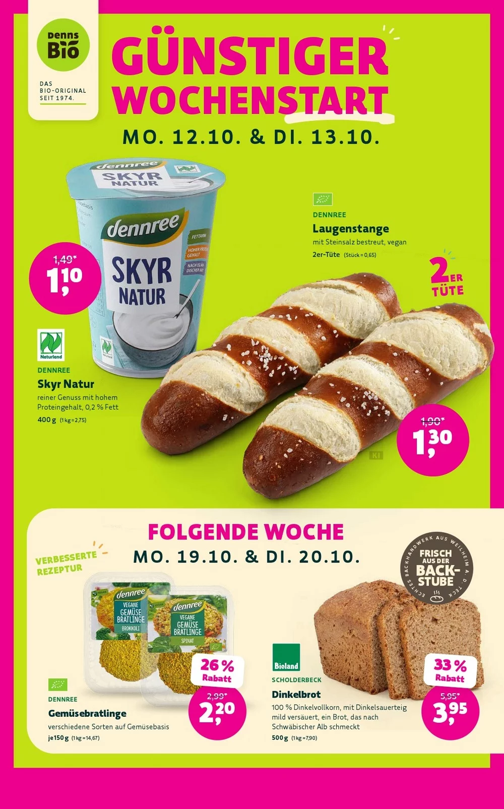 Denns Biomarkt Prospekt KW 41–42 Seite 5 mit Skyr Natur, Laugenstange, veganen Gemüsebratlingen & Dinkelbrot