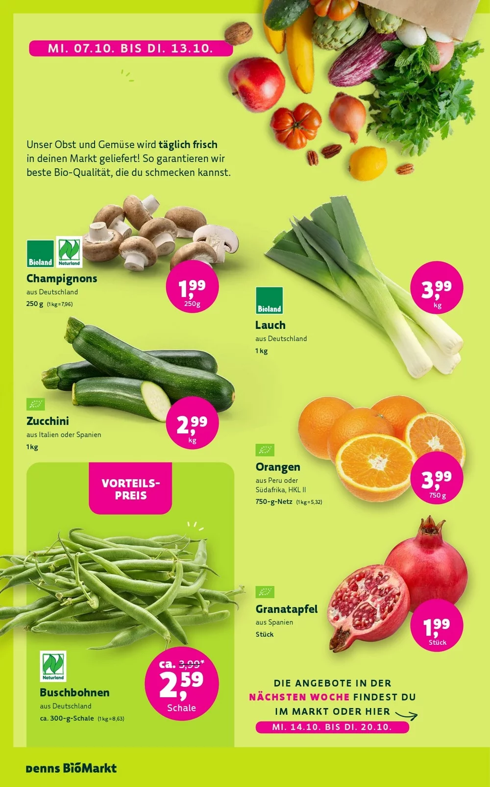 Denns Biomarkt Prospekt KW 41–42 Seite 6 mit Champignons, Lauch, Zucchini, Orangen, Buschbohnen & Granatapfel   