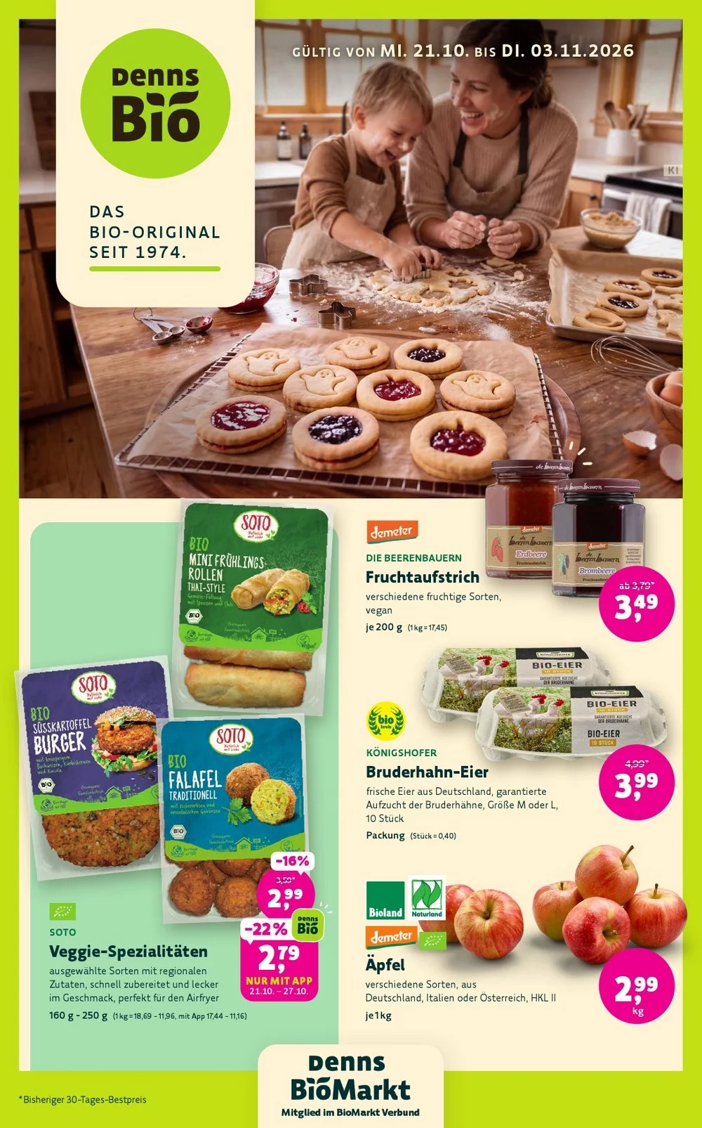 Denns BioMarkt Prospekt ab 21.10.2026 Seite 1 mit Soto Veggie-Spezialitäten, Die Beerenbauern, Königshofer Eier & Äpfel