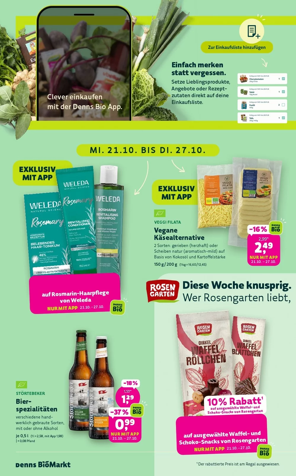 Denns BioMarkt Prospekt KW 43 Seite 2 mit Weleda Rosmarin-Haarpflege, Veggi Filata, Störtebeker & Rosengarten
