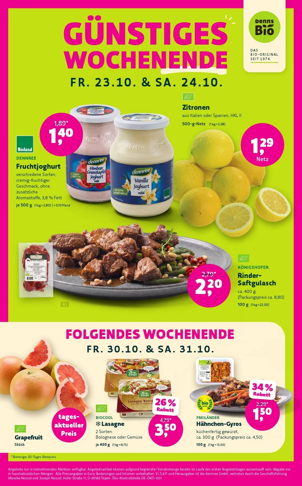 Denns BioMarkt Prospekt KW 43 Seite 4 mit Dennree Fruchtjoghurt, Zitronen, Königshofer Saftgulasch & Biocool Lasagne