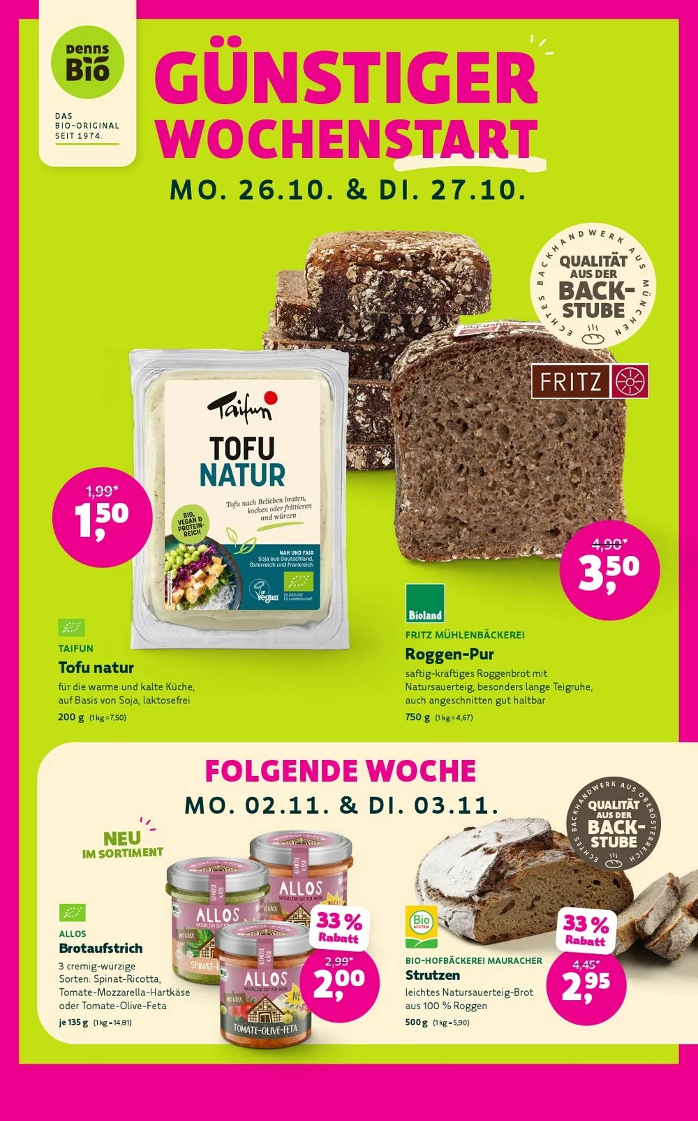 Denns BioMarkt Prospekt KW 43 Seite 5 mit Taifun Tofu natur, Fritz Roggen-Pur, Allos Brotaufstrich & Mauracher Strutzen