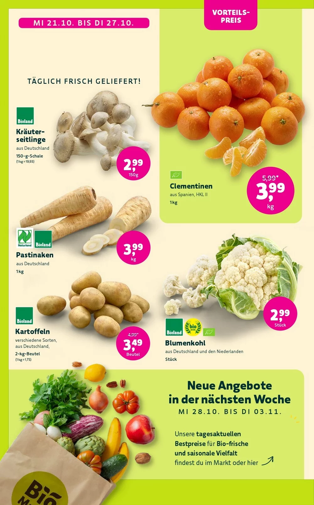 Denns BioMarkt Prospekt KW 43 Seite 6 mit Kräuterseitlinge, Clementinen, Pastinaken, Kartoffeln & Blumenkohl