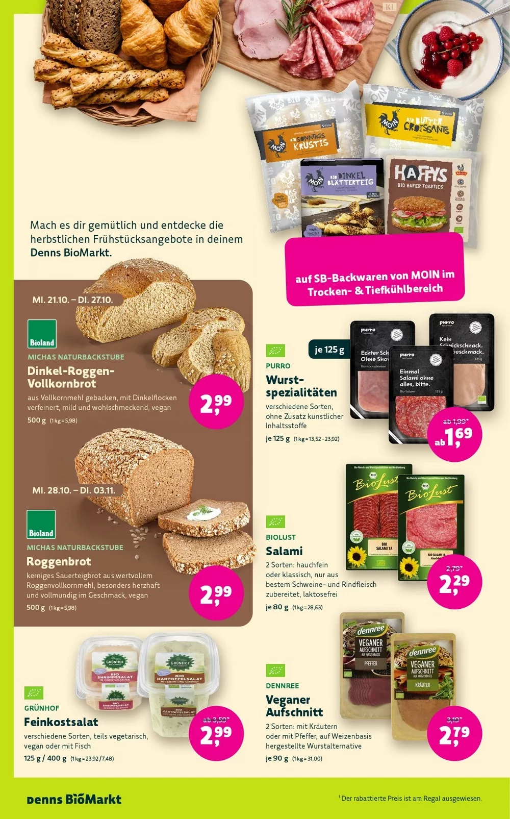 Denns BioMarkt Prospekt KW 43 Seite 8 mit Michas Dinkel-Roggen-Vollkornbrot, Moin SB-Backwaren & Purro Wurst