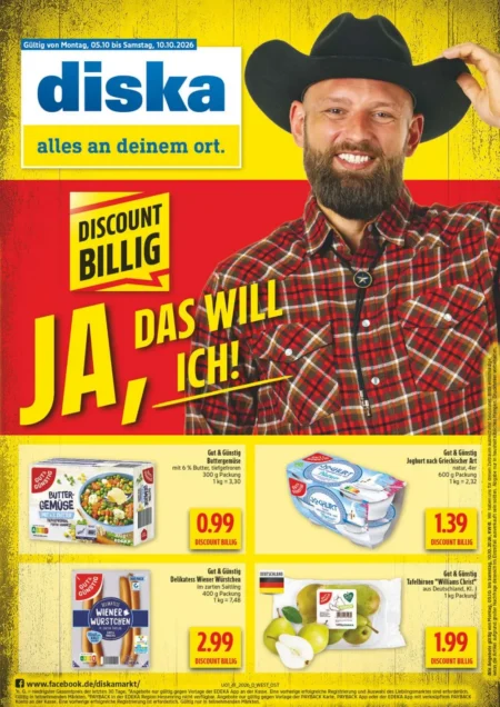 Diska Prospekt ab 05.10.2026 (KW 41) Diska Angebote ab 05.10.2026 Seite 1 mit Angeboten für Buttergemüse, Joghurt, Wiener Würstchen und Tafelbirnen.
