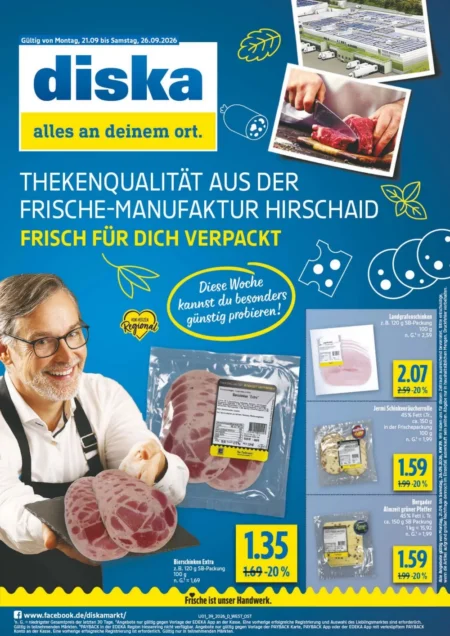 Diska Prospekt ab 21.09.2026 (KW 39) Diska Angebote ab 21.09.2026 Seite 1 mit Angeboten für Bierschinken, Landgrafenschinken und Bergader Käse