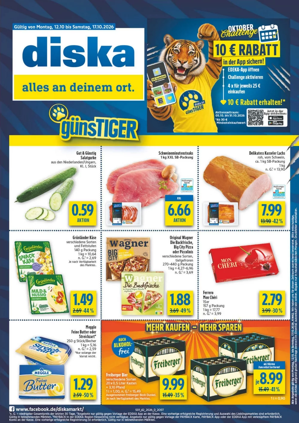 Diska Prospekt ab 12.10.2026 Seite 1 mit Salatgurke, Schweinesteak, Wagner Pizza, Mon Chéri, Meggle Butter & Freiberger