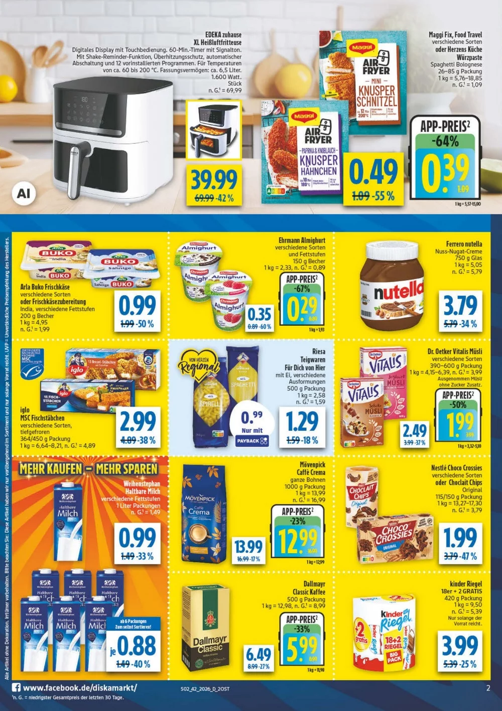 Diska Prospekt KW 42 Seite 2 mit Heißluftfritteuse, Buko, Nutella, Iglo Fischstäbchen, Mövenpick Kaffee & Kinder Riegel