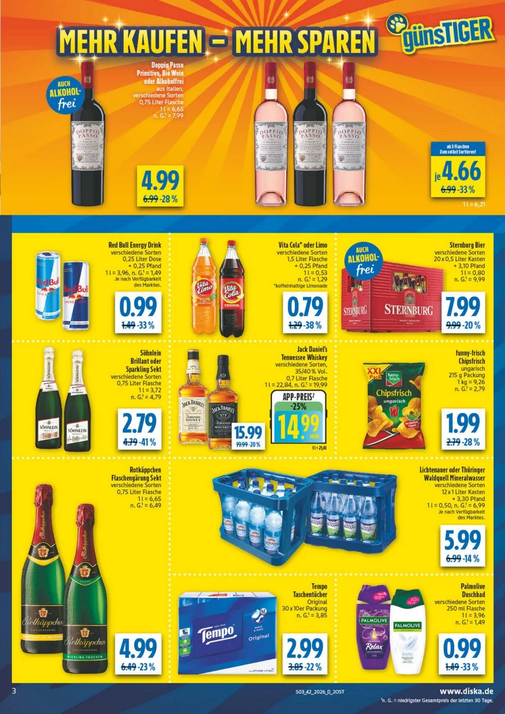 Diska Prospekt KW 42 Seite 3 mit Doppio Passo, Red Bull, Vita Cola, Sternburg, Jack Daniel's, Chipsfrisch & Rotkäppchen
