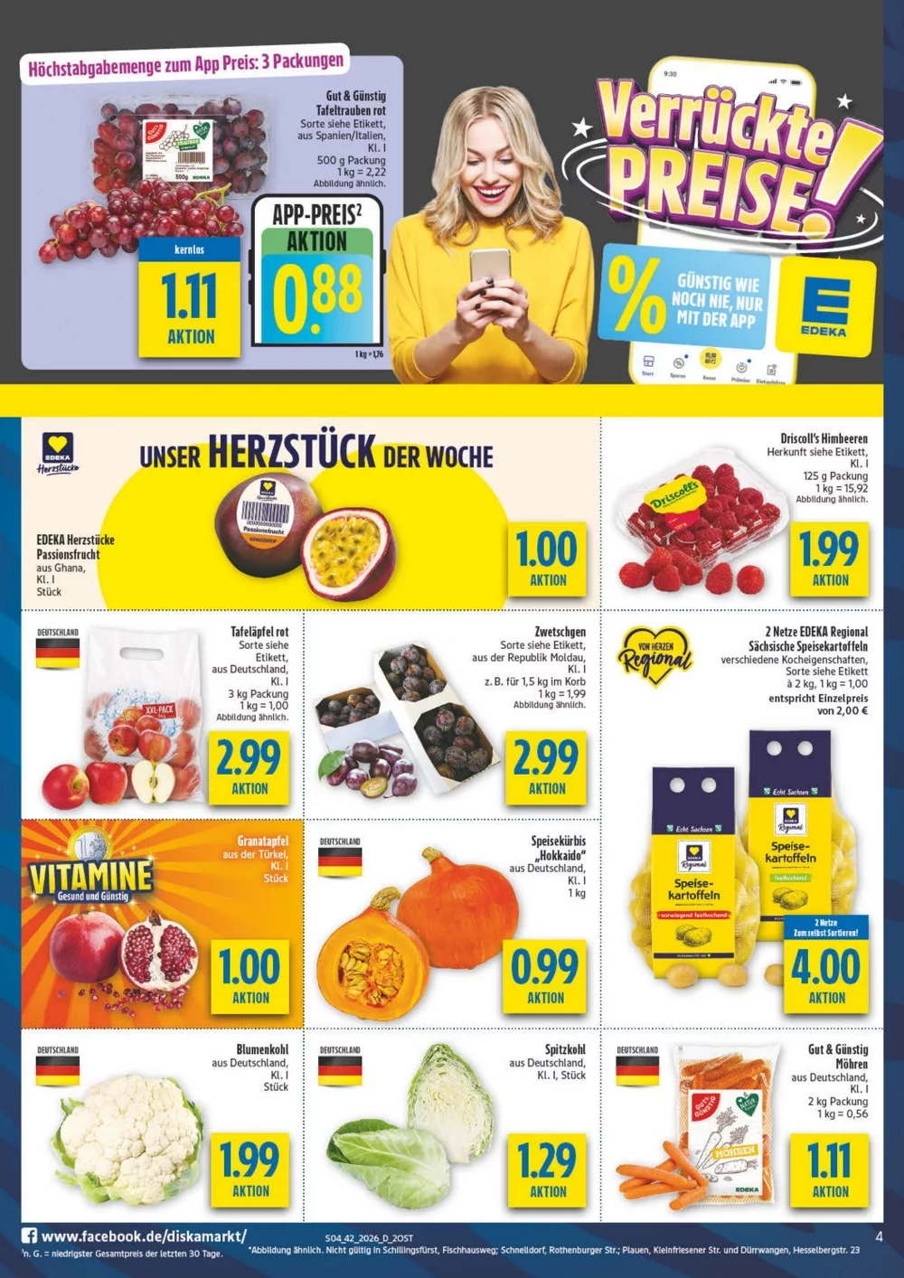 Diska Prospekt KW 42 Seite 4 mit Tafeltrauben, Passionsfrucht, Himbeeren, Äpfel, Zwetschgen, Kartoffeln & Granatapfel
