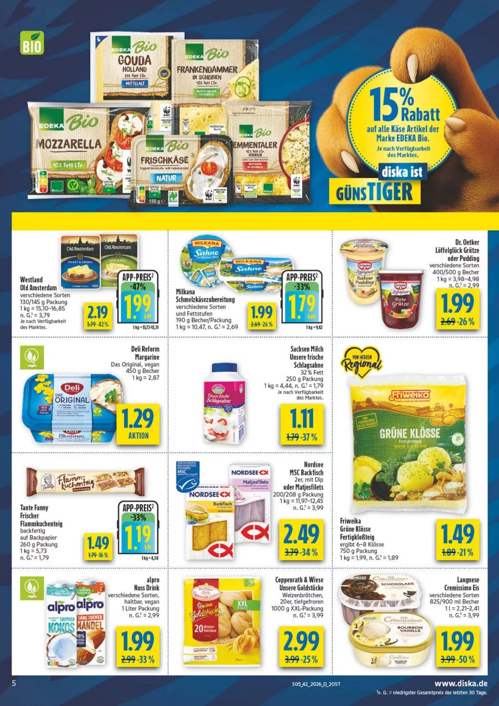 Diska Prospekt KW 42 Seite 5 mit Edeka Bio Käse, Old Amsterdam, Milkana, Deli Reform, Flammkuchenteig & Backfisch