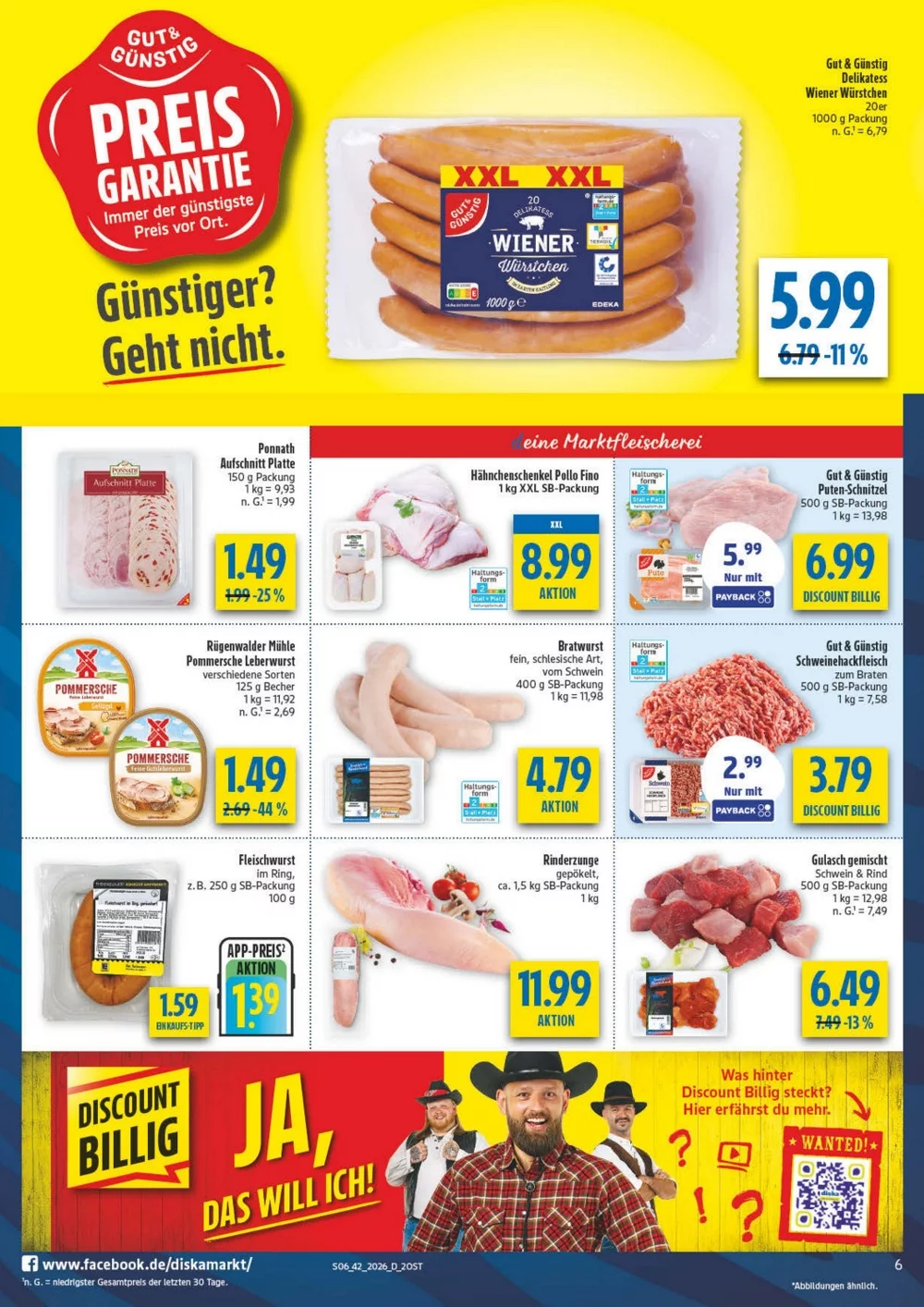 Diska Prospekt KW 42 Seite 6 mit Wiener Würstchen, Aufschnitt, Puten-Schnitzel, Rügenwalder Mühle & Hackfleisch