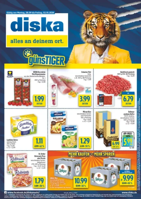 Diska Prospekt ab 28.09.2026 (KW 40) Diska Prospekt ab 28.09.2026 Seite 1 mit Tomaten, Schweinefilet, Hackfleisch, Landliebe Butter und Dallmayr Kaffee.
