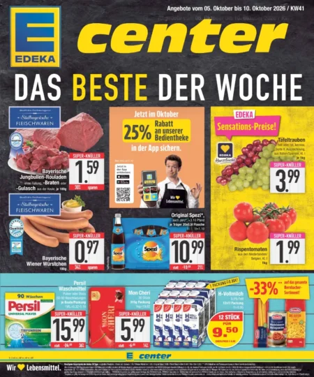 E Center Prospekt ab 05.10.2026 (KW 41) E-Center Prospekt ab 05.10.2026 Seite 1 mit Rouladen, Wiener Würstchen, Original Spezi, Tafeltrauben, Persil und Mon Chéri